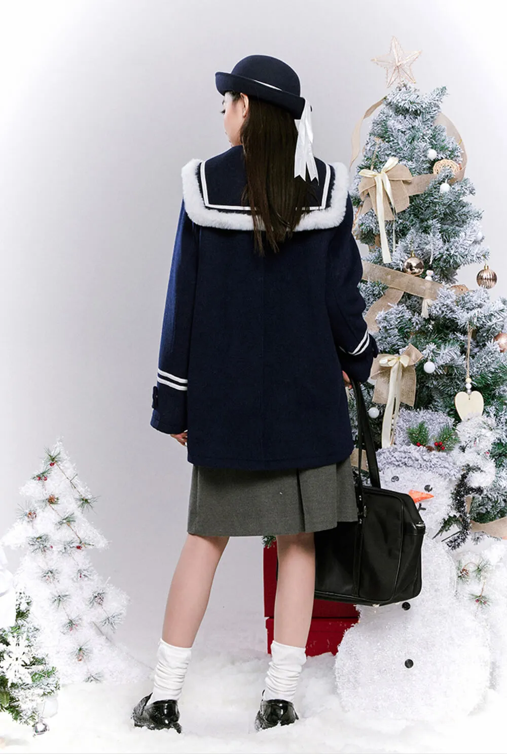 Cinnamoroll Fuzzy Sailor Collar Striped Navy Overcoat