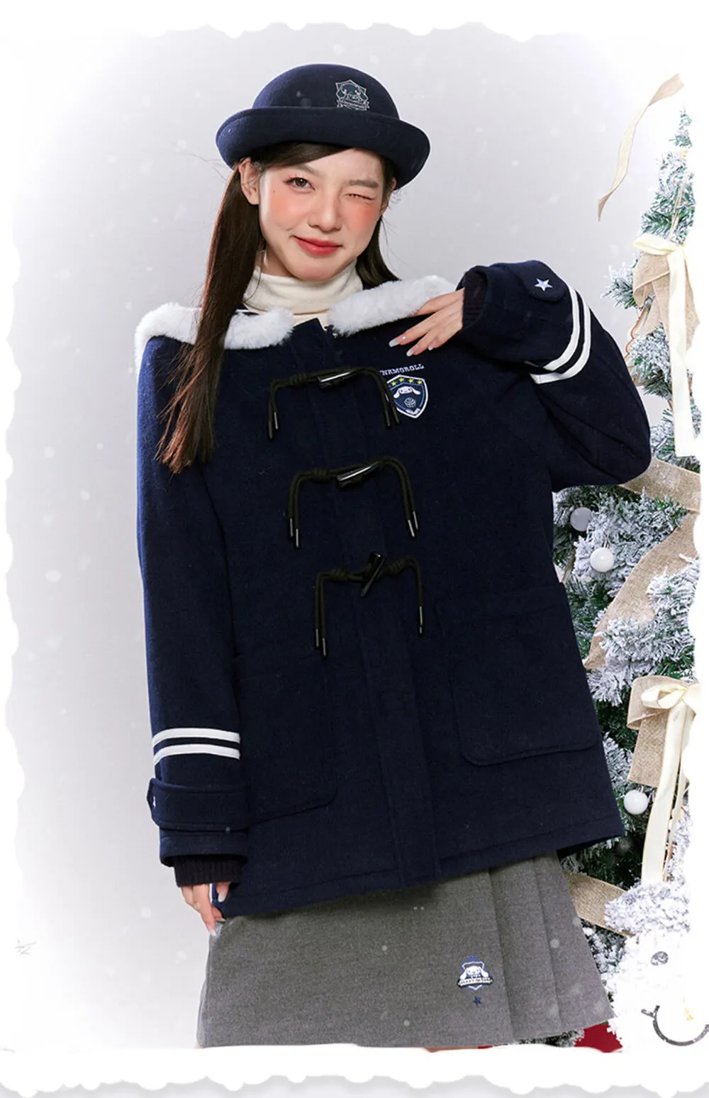 Cinnamoroll Fuzzy Sailor Collar Striped Navy Overcoat