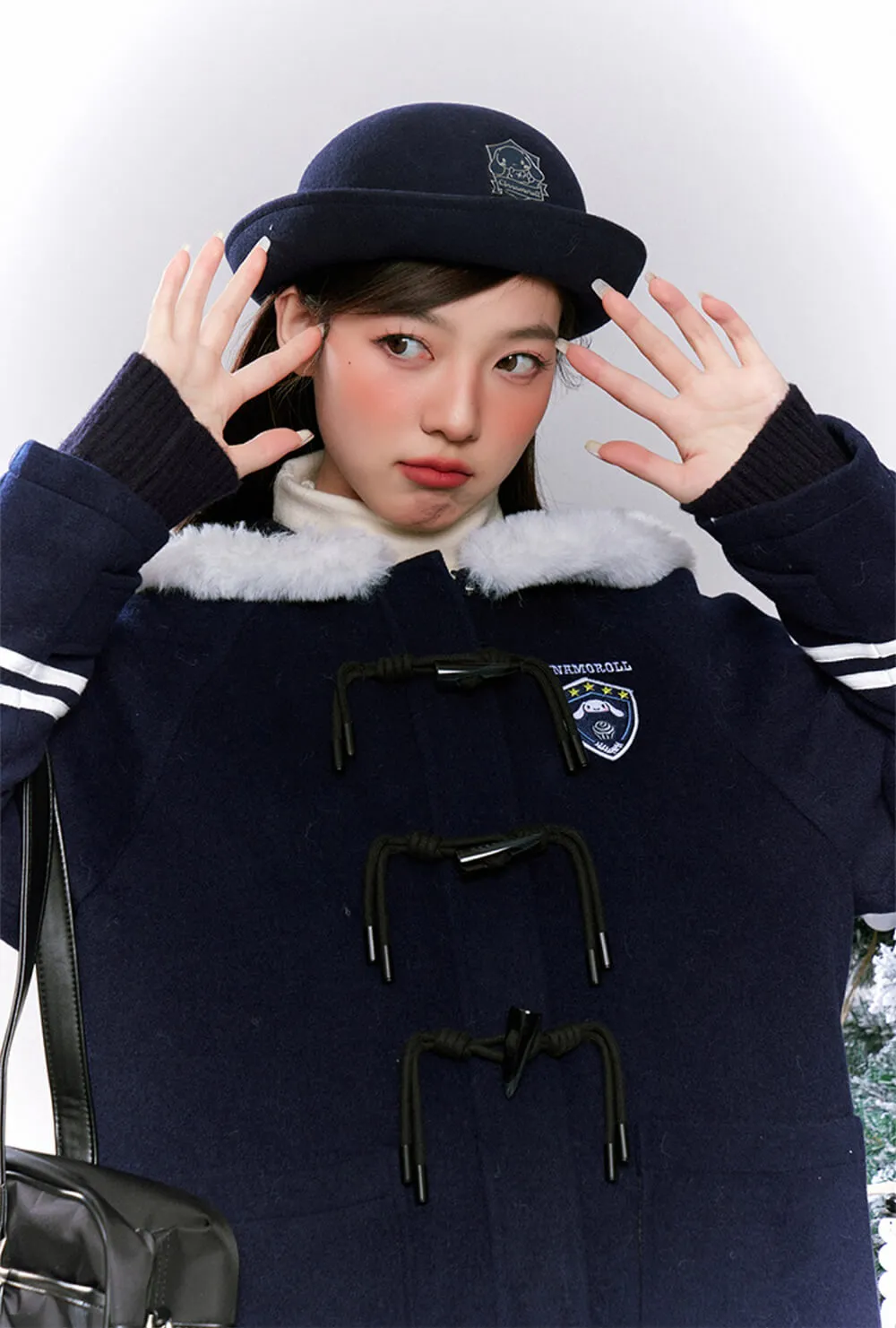 Cinnamoroll Fuzzy Sailor Collar Striped Navy Overcoat