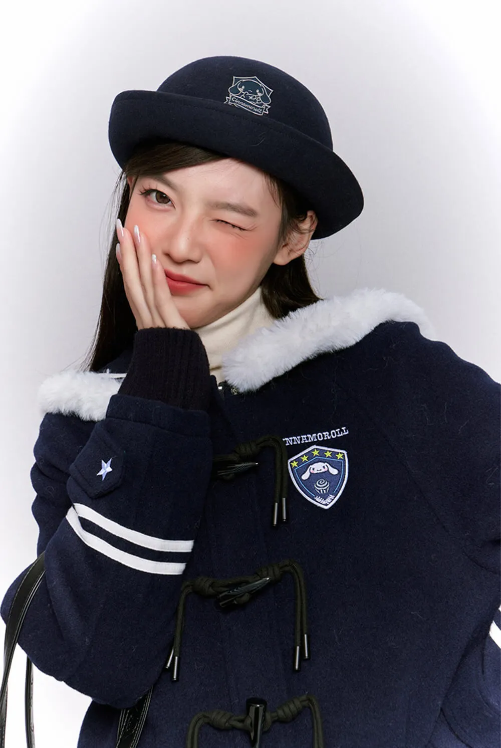 Cinnamoroll Fuzzy Sailor Collar Striped Navy Overcoat