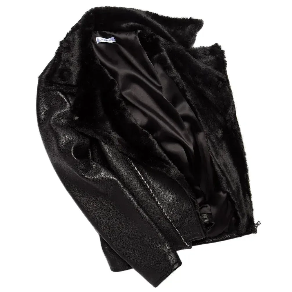 Pebble Grain Leather Moto Jacket  - Black