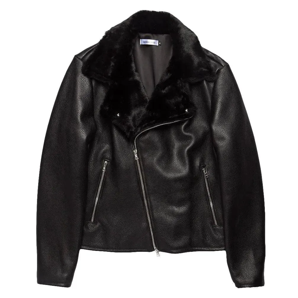 Pebble Grain Leather Moto Jacket  - Black