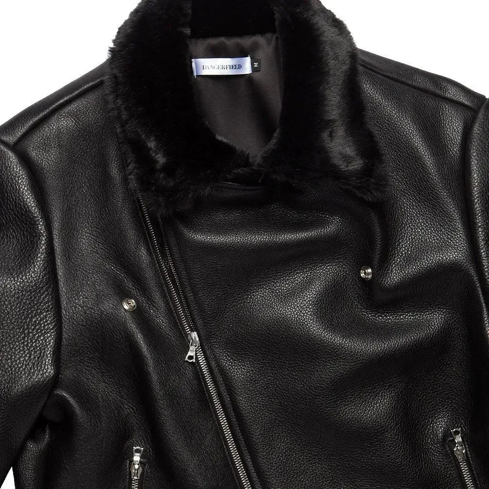 Pebble Grain Leather Moto Jacket  - Black