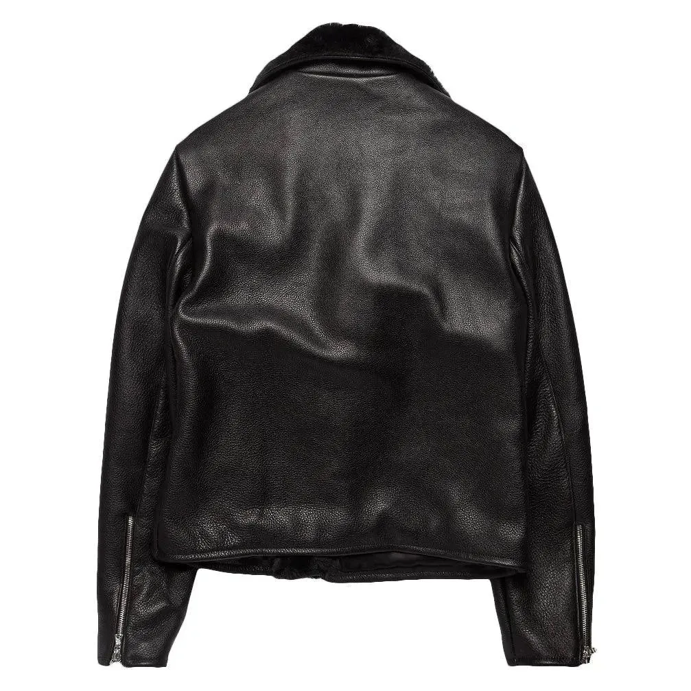 Pebble Grain Leather Moto Jacket  - Black