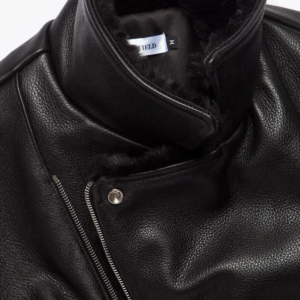 Pebble Grain Leather Moto Jacket  - Black