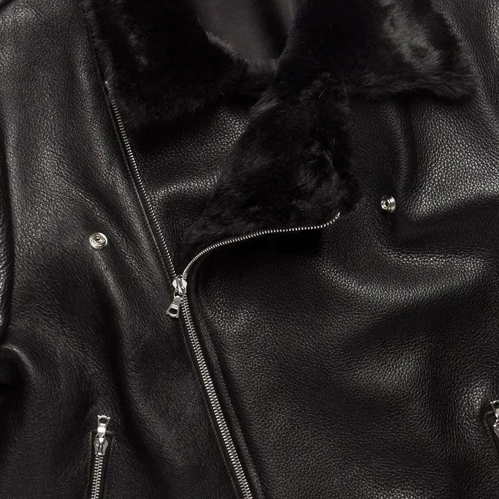 Pebble Grain Leather Moto Jacket  - Black