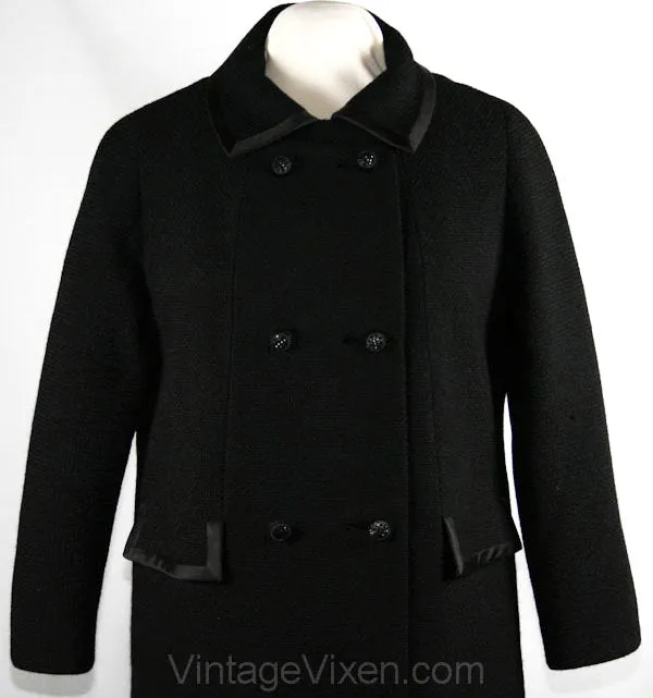 Size 14 Black Coat - 1950s Sacque Coat with Satin Trim - Large Winter Mod 50s 60s Overcoat - Double-Breasted Classic - Bust 40 - 33733-1