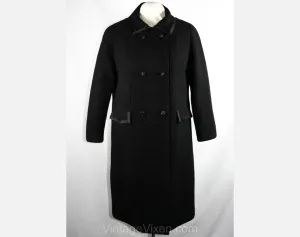 Size 14 Black Coat - 1950s Sacque Coat with Satin Trim - Large Winter Mod 50s 60s Overcoat - Double-Breasted Classic - Bust 40 - 33733-1