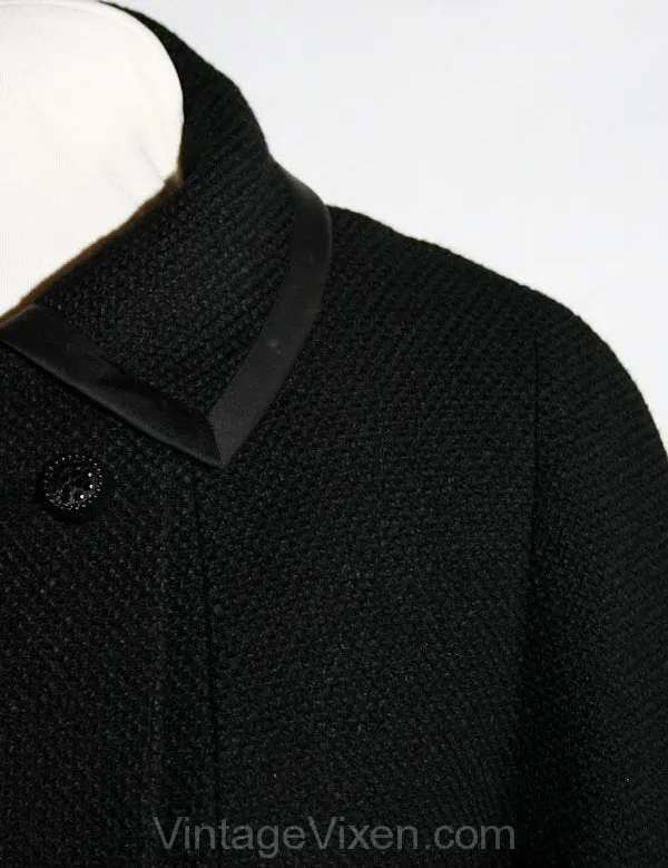Size 14 Black Coat - 1950s Sacque Coat with Satin Trim - Large Winter Mod 50s 60s Overcoat - Double-Breasted Classic - Bust 40 - 33733-1